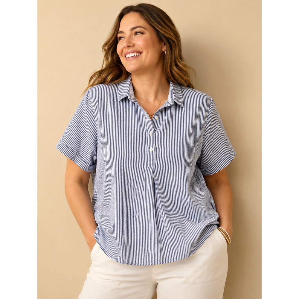LL Bean Blue White Striped Seersucker Short Sleeve Button Down Shirt 2X Plus